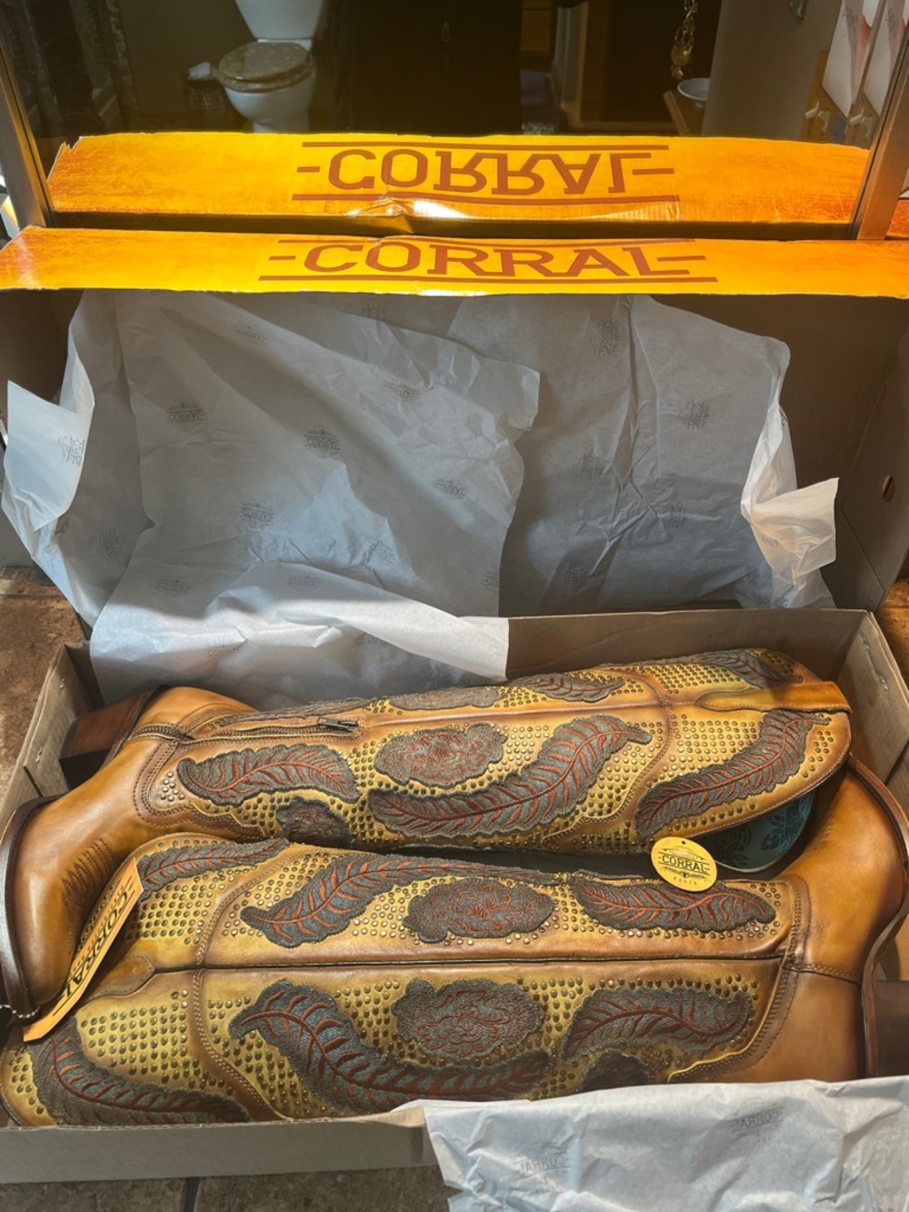 New! Corral Tan and Dark Brown Leather Over the Knee High Western Boots - Picture 7 of 16